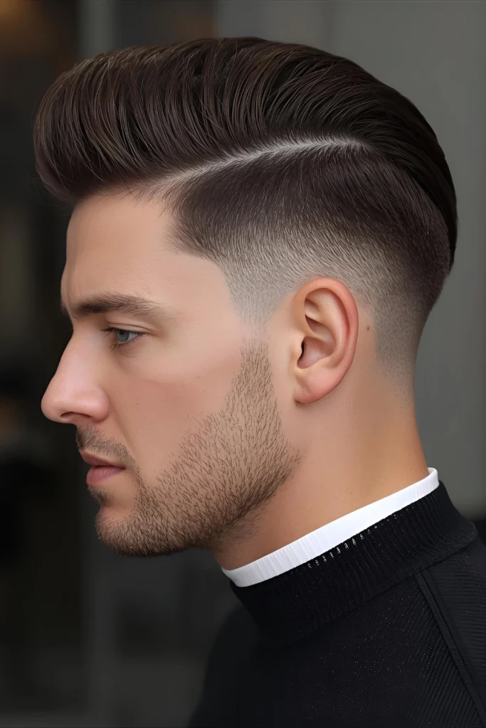 Classic Side Part with Hard Drop Timeless elegance meets modern edge. A razor-sharp side part guides neatly combed hair, while a defined drop fade adds architectural interest.