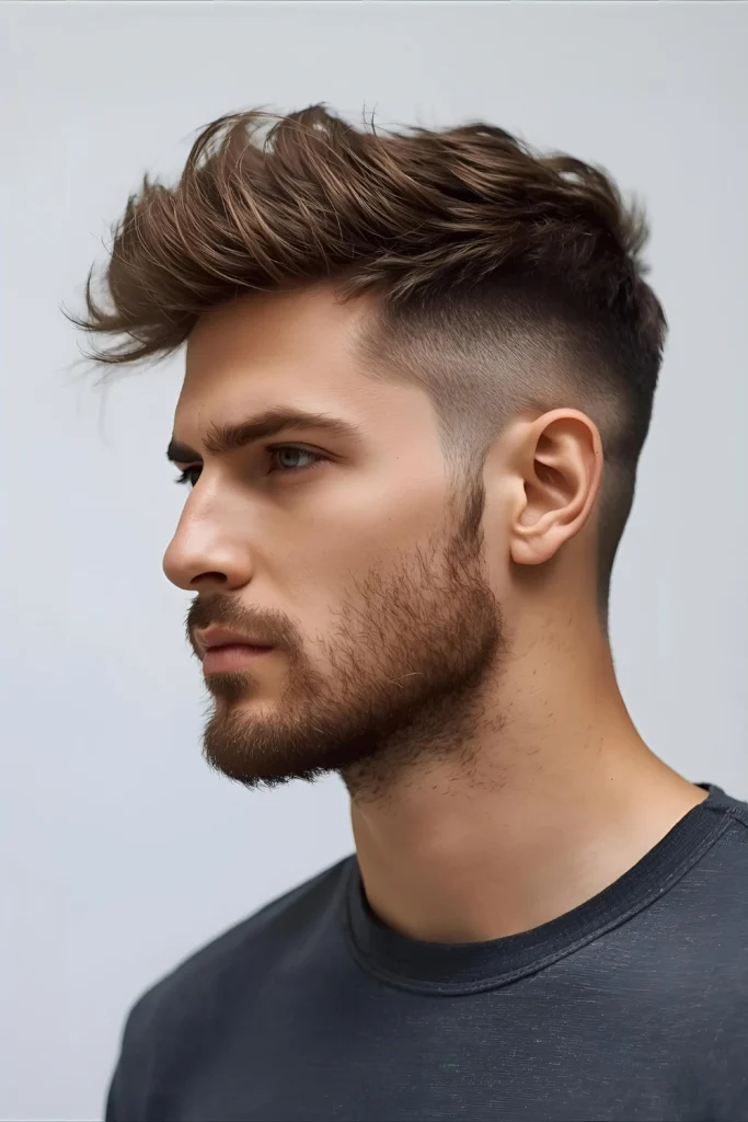 Climber’s Rugged Crop A slightly messy, textured top conveys a rugged, outdoor-ready vibe. The mid fade provides structure without looking overly groomed.
