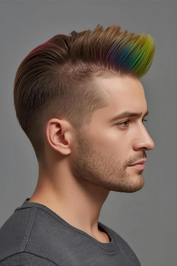 Colored Tips Faux Hawk Only the very tips of the hawk are dyed a bright color, creating a “dipped” effect.