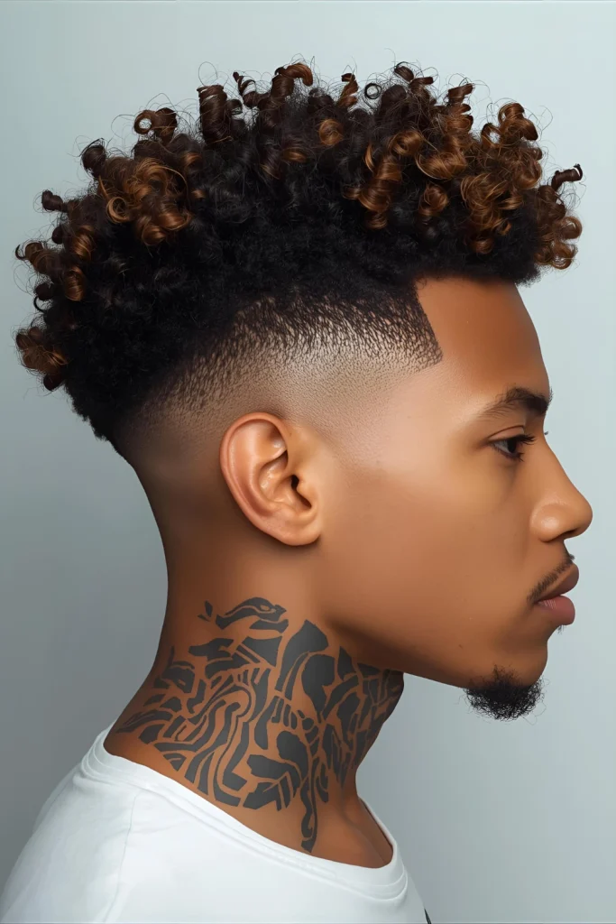 _Curly High Top with Line Art Tight coils stand tall while the faded sides feature delicate line art or minimalist designs, blending natural texture with artistic expression.