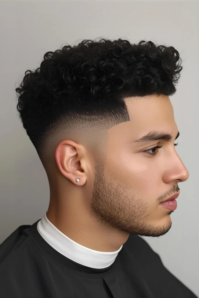 Curly Top Drop Fade Celebrates natural texture with sophistication. Well-defined curls are styled neatly on top, contrasted by a sharp drop fade—perfect for a stylish groom.
