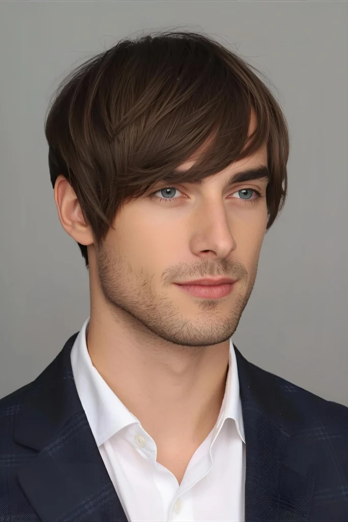 Curtain Bangs with Temple Taper The romantic curtain bang trend gets a masculine update. A sharp taper focused on the temples frames the face while the longer top flows freely.
