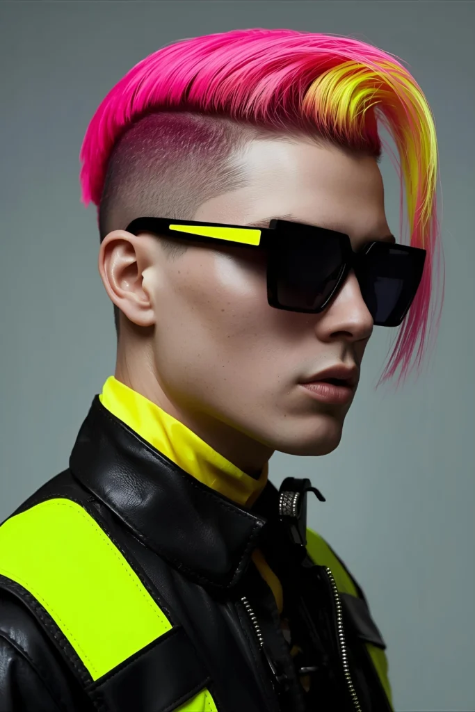 Cyberpunk Faux Hawk Characterized by harsh angles, unexpected color blocks (neon + black), and a sleek, wet-look finish.
