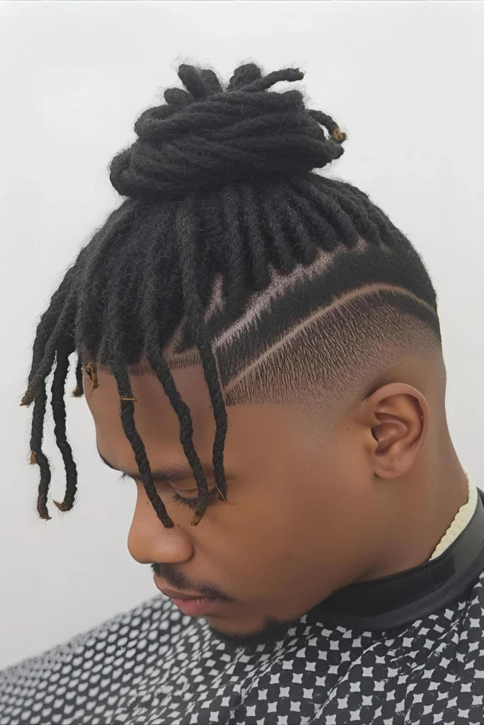 Dread Bun with Tapered Sides A practical and stylish option for longer dreads. Pulling locs into a bun keeps hair contained while showcasing length, paired with clean tapered sides.