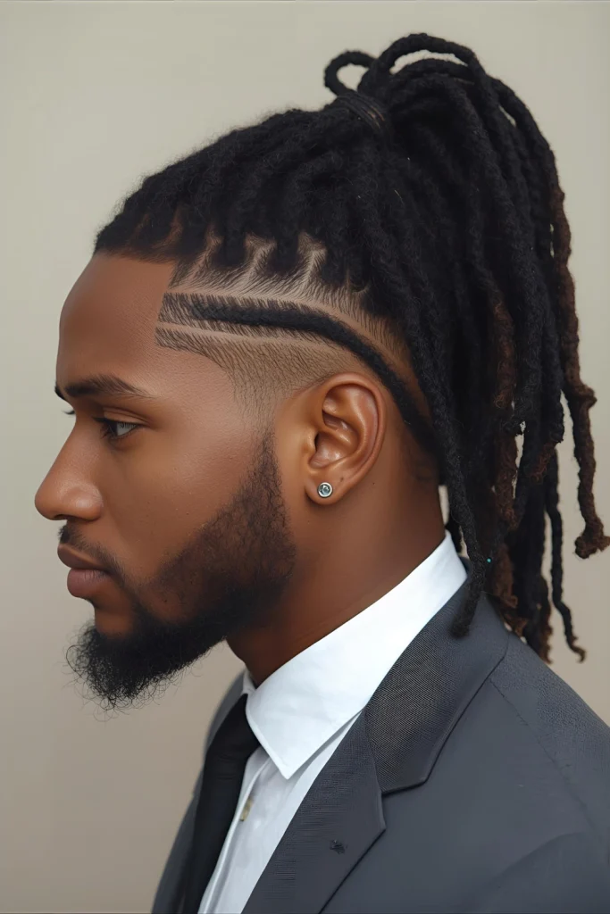 Dread Ponytail with Fresh Line Up A sleek, high ponytail of dreadlocks combined with a sharp hairline creates a polished yet powerful look suitable for various occasions.