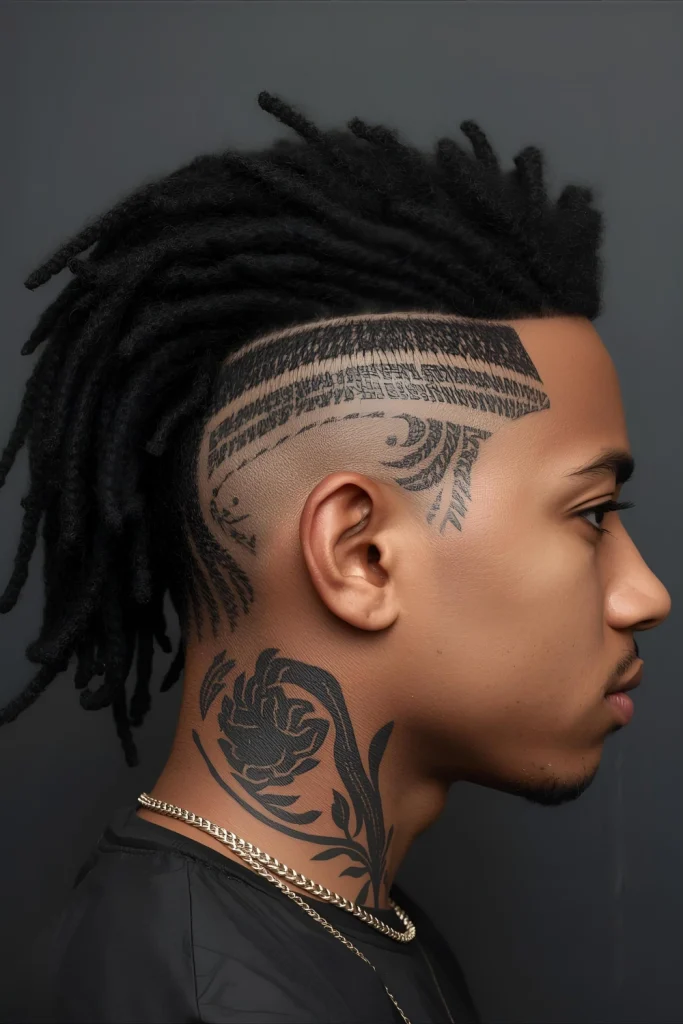 Dread Undercut with Design

Completely shaved sides featuring intricate designs create stark contrast with the dreadlocks on top. This style shows meticulous attention to detail.