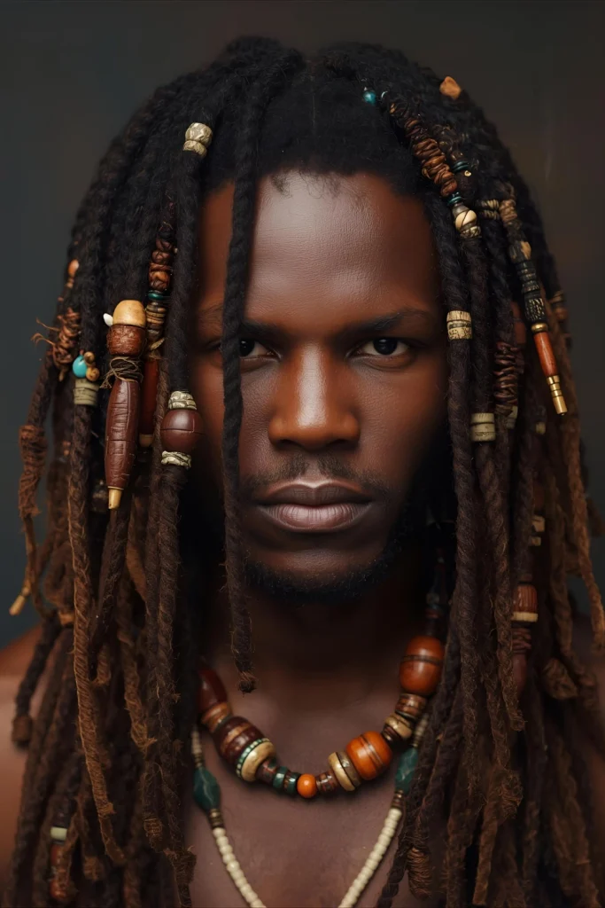 Dreadlocks with Cultural Beads Mature dreadlocks adorned with traditional beads made from wood, bone, or semi-precious stones. The beads can signify personal milestones or cultural affiliations.
