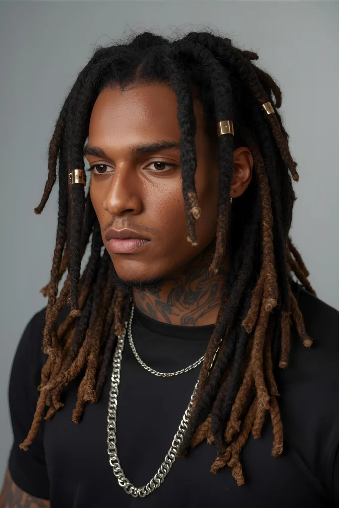 Dreadlocks with Metallic Cuffs Incorporating metal accessories adds shine and sophistication to dreadlocks. Cuffs can be placed strategically throughout for personalized styling.