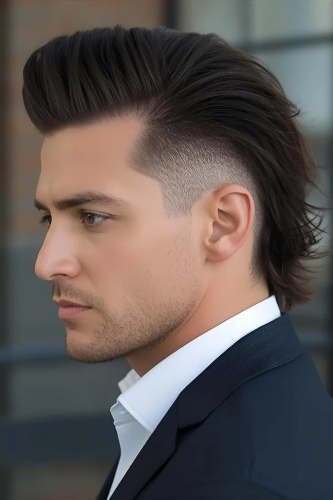 Faux Hawk Mullet Business in the front, party in the back—with a hawk on top. The back is left longer and textured.