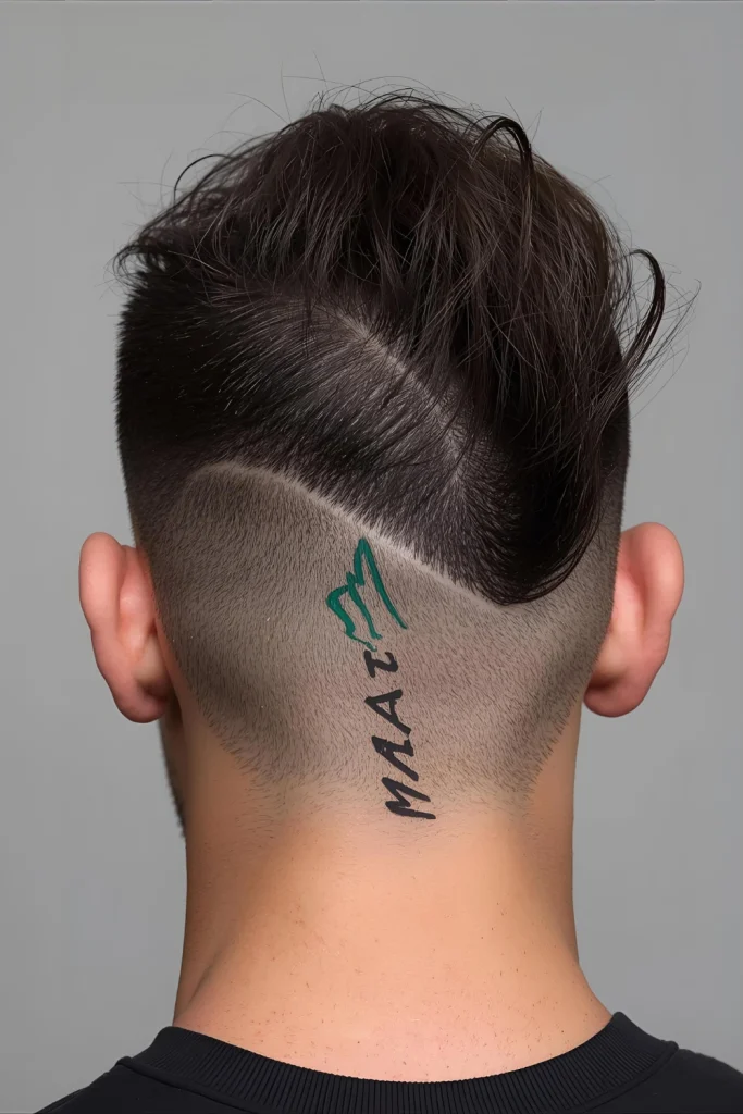 Faux Hawk with Designs in Hair Using colored gel or wax, temporary designs (like words or symbols) are drawn directly into the styled hawk.