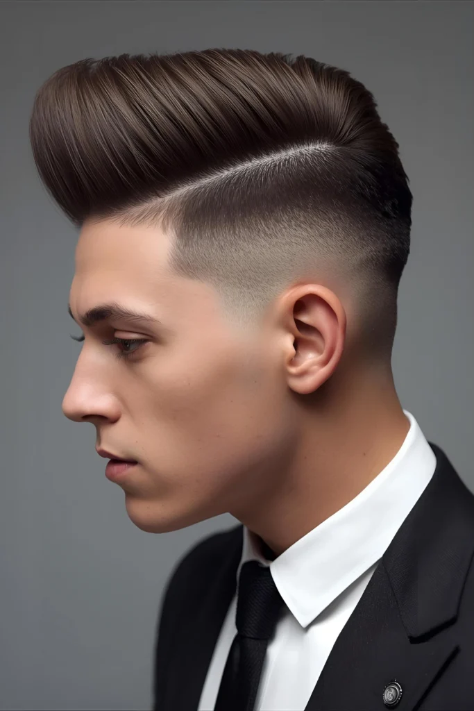 Faux Hawk with Tapered Drop Edgy elegance. A precision-styled faux hawk is paired with a tapered drop fade, blending rebellion with black-tie refinement.