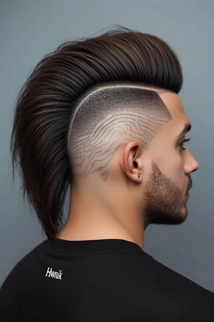 Faux Hawk with Undercut Design The undercut section beneath the hawk features a detailed, shaved design only visible from certain angles.