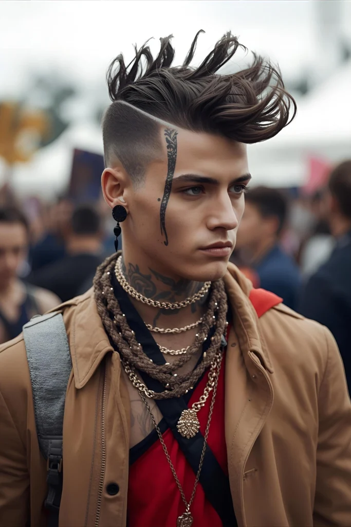 Festival Symbol Faux Hawk Symbols like peace signs, hearts, or musical notes are incorporated into the sides or the styling of the hawk.