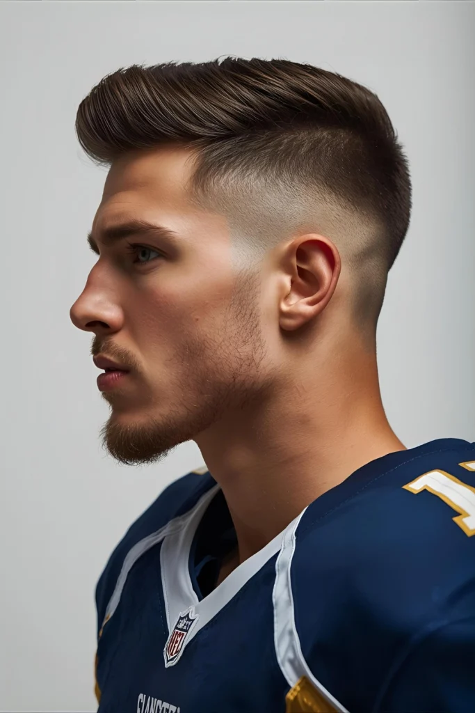 Football Ready Mid Fade Designed with gear in mind. The fade is high enough to be visible but placed to avoid helmet pressure points, often with team-inspired designs.