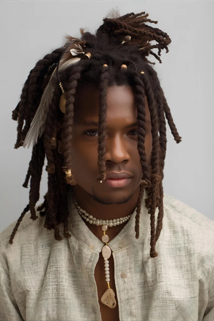 Freeform Locs with Earth Elements Allowing locs to form naturally, then adorning them with feathers, shells, or beads that connect to earth-based spiritual traditions.