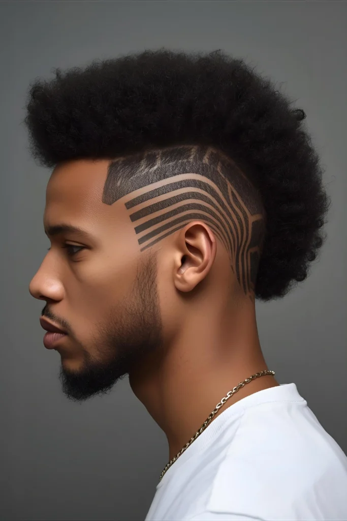 Frohawk with Geometric Patterns A fierce faux hawk made from natural hair, with shaved sides featuring clean geometric patterns that echo traditional African art forms.