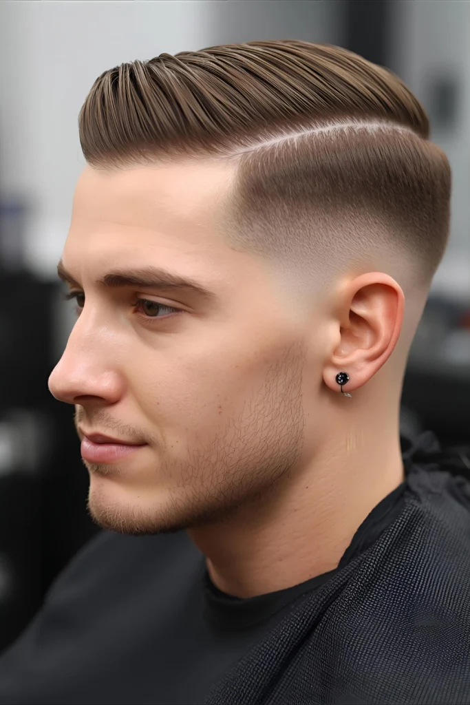 Gentleman's Length with Drop For medium-length hair. A neat, shoulder-length style is paired with a drop fade to keep the sides and back impeccably clean and sharp.