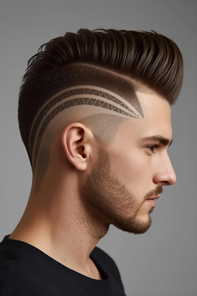Geometric Design Faux Hawk Sharp lines, triangles, or chevrons are shaved or etched into the faded sides, complementing the central ridge.