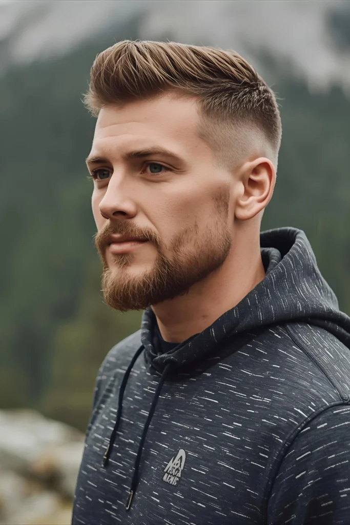 Hiker’s Adventure Fade A longer, textured top for a rugged look, paired with a mid fade to remove bulk and keep things manageable on the trail.