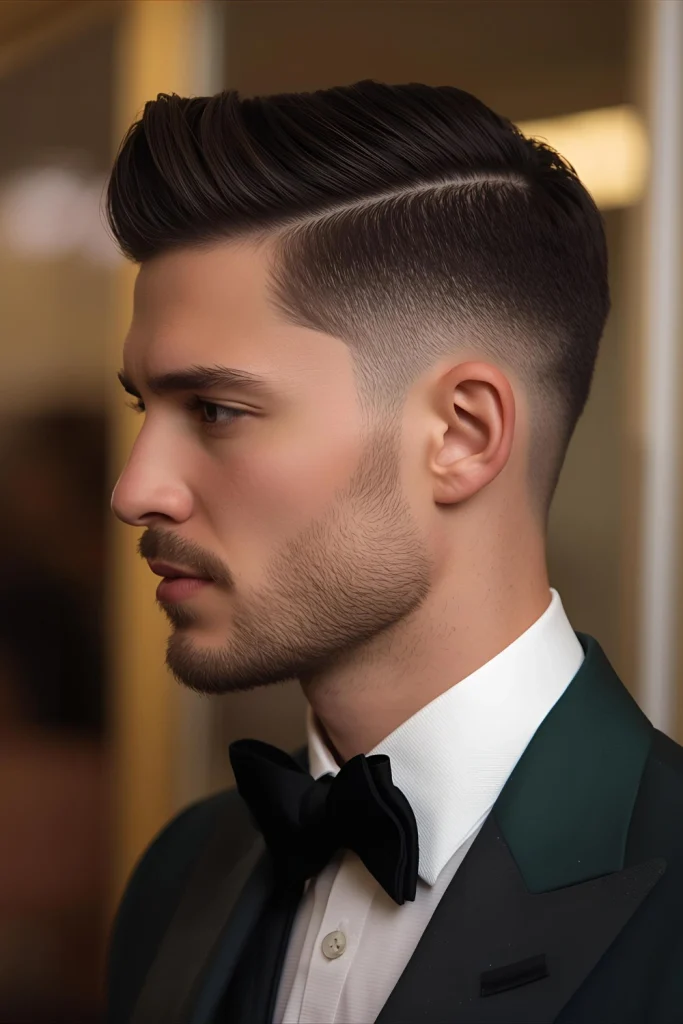 Holiday Party Drop Fade Perfect for festive season galas. Pair with a crisp side part and perhaps a subtle, shaved snowflake or holly design.