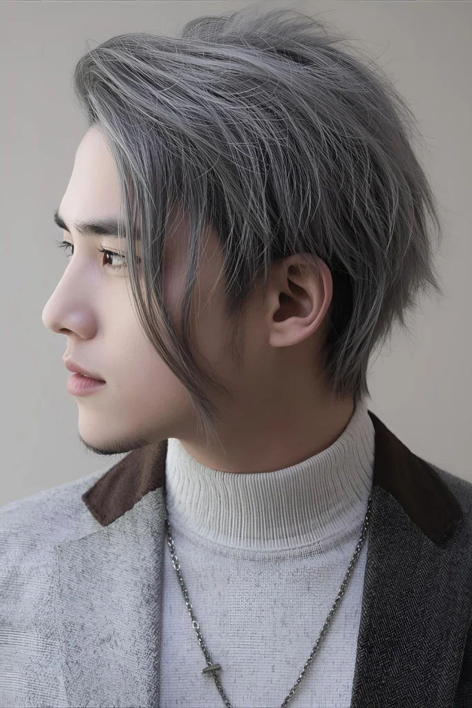Korean Two-Block Textured Crop Features a distinct, sharp disconnect between the longer textured top and the faded sides. It’s a sleek, fashion-forward interpretation for the style-conscious man.