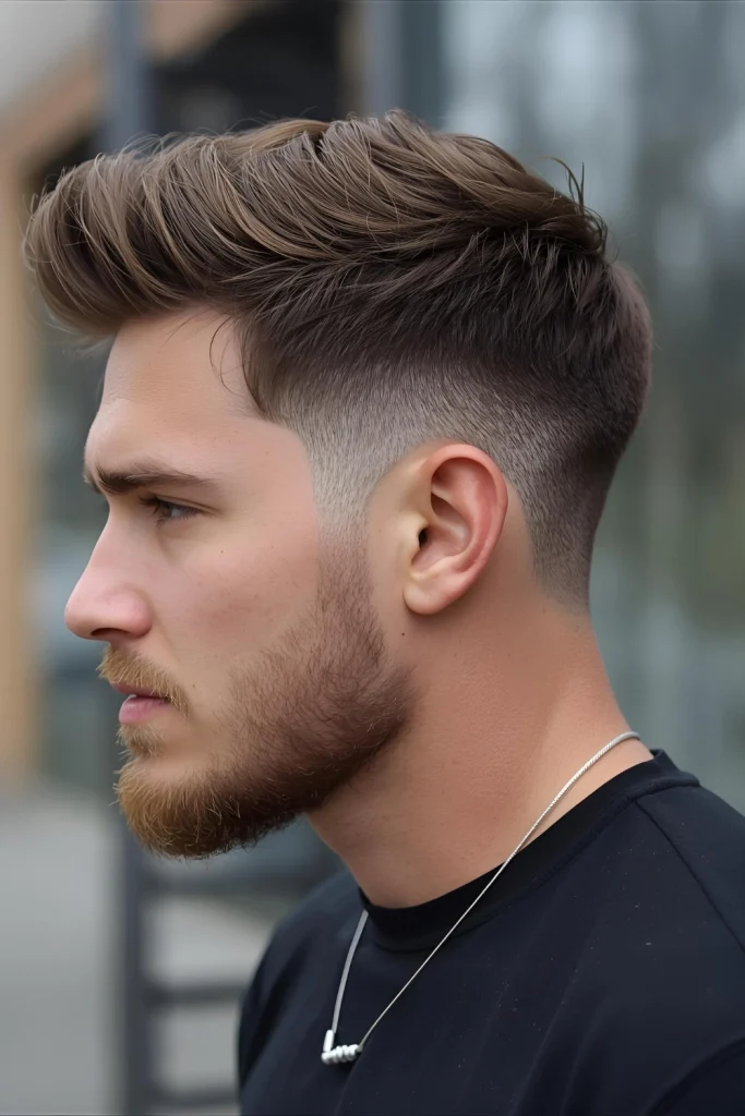 Lacrosse Player’s Edge A modern, textured cut with an athletic edge. The mid fade keeps it sharp, while the top has enough length for personality.
