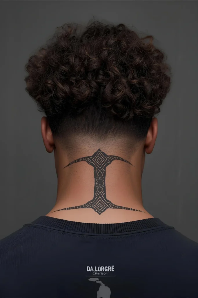 Layered Curls with Heritage Design Well-defined curls are cut in modern layers, while the nape or temple area features a design inspired by traditional scarification patterns or textile motifs.