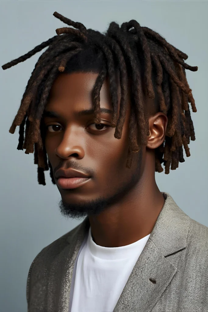 Locked Crown with Wisdom Lines Dreadlocks gathered at the crown, with “wisdom lines”—single gray strands or strategically placed lighter locks—highlighted and celebrated.