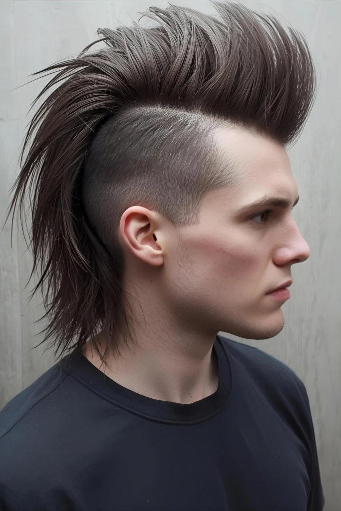 Long &amp; Flowing Faux Hawk For longer hair, the hawk is created with dramatic height and length that flows back, perfect for headbanging.