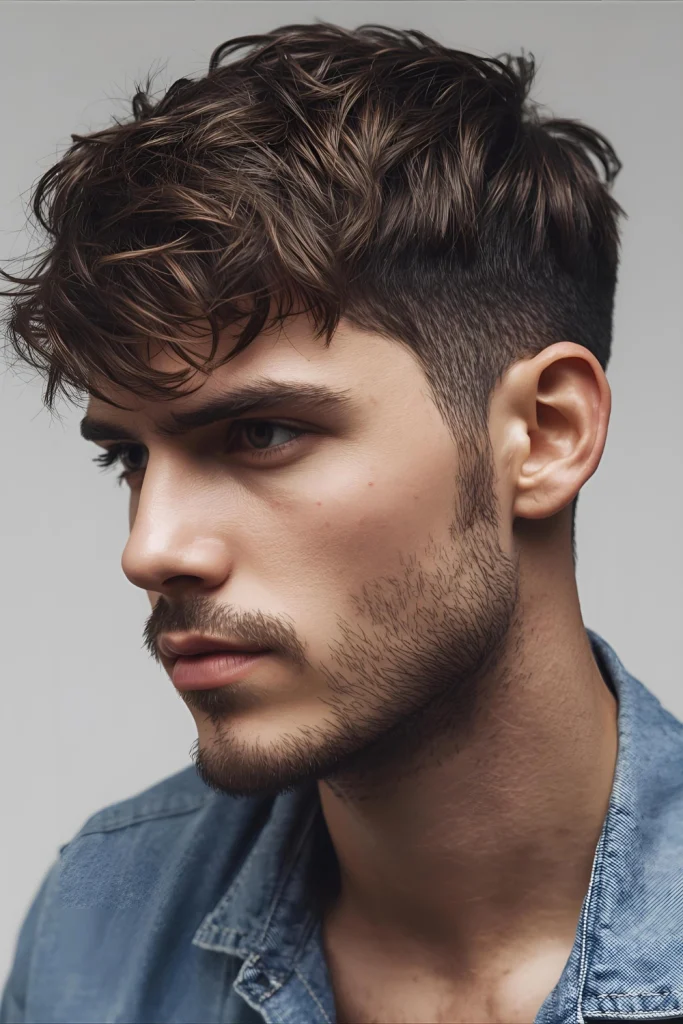 Messy Textured Crop with Temple Fade The “just-out-of-bed” look, perfected. Piece-y, disconnected texture meets a sharp temple fade for an effortlessly cool vibe that’s great for weekends and casu