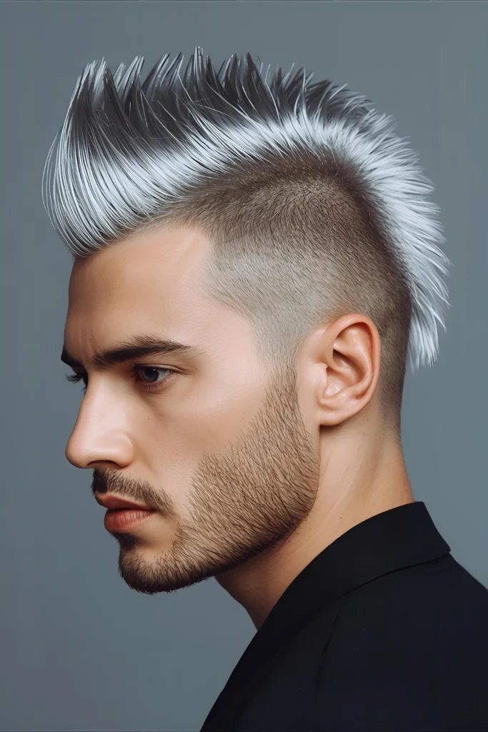 Metallic Silver Faux Hawk A full head of sleek, metallic silver styled into a sharp hawk for a futuristic, cyberpunk aesthetic.