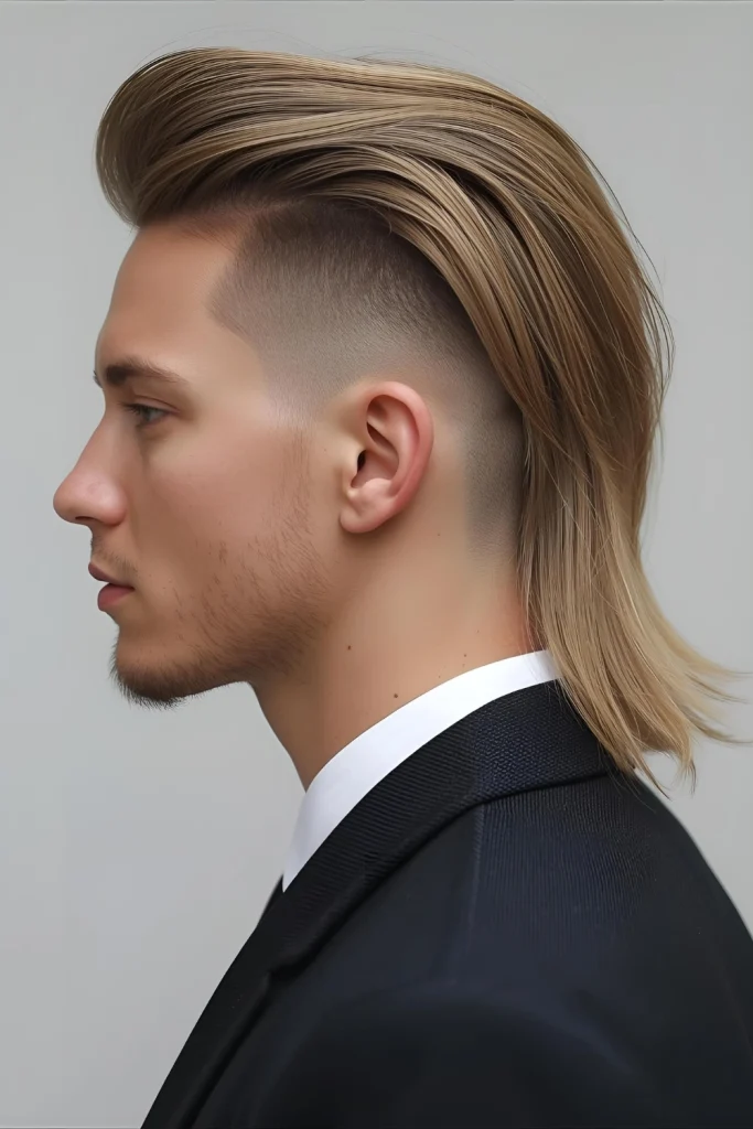 Modern Mullet with Drop Fade Refined rebellion. The drop fade tames and sharpens the mullet's back section, making it acceptable for upscale, creative events.