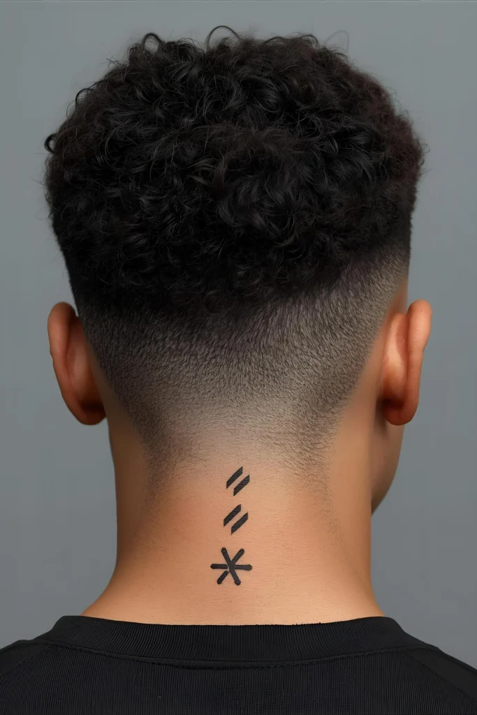 Natural Texture with Ancestral Symbols Leaving hair in its natural, unstyled state while incorporating small, shaved symbols that honor specific ancestors or spiritual beliefs.