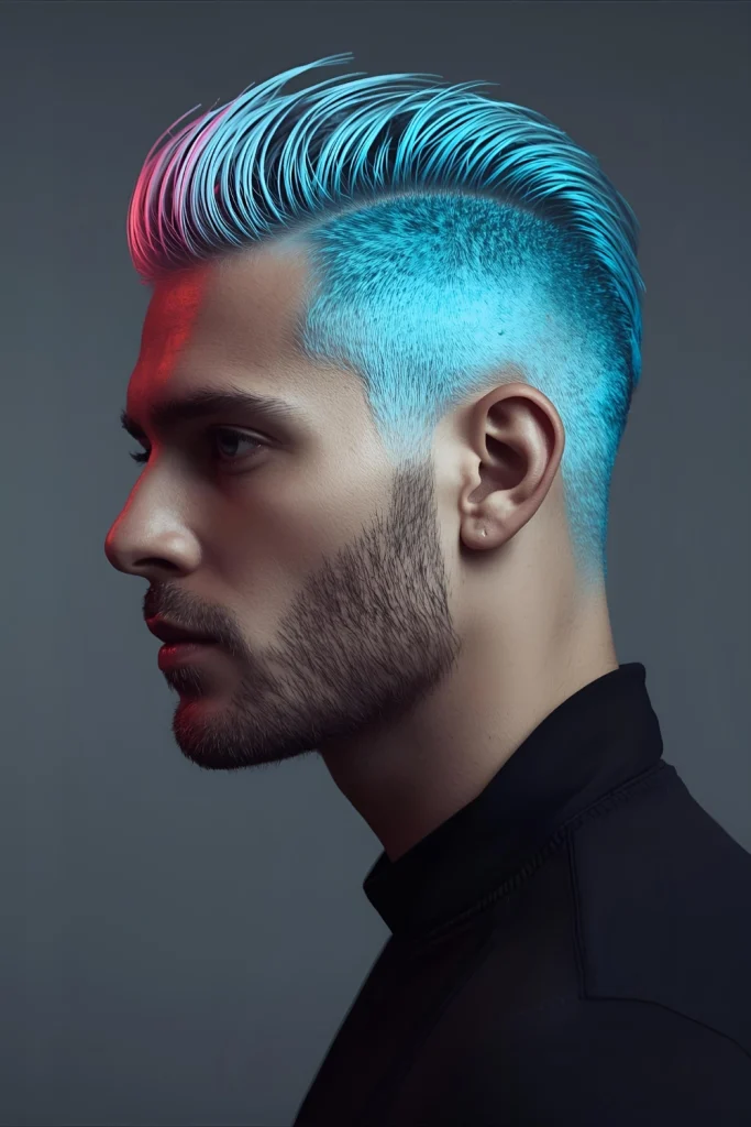 Neon Streak Faux Hawk Electric neon streaks (pink, green, blue) are woven through the hawk against a dark base, glowing under UV lights.
