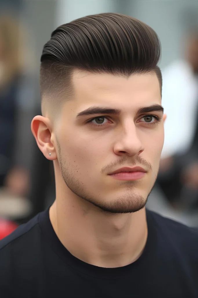 Pompadour Taper Retro volume gets a modern foundation. The dramatic front of a pompadour is supported by a clean taper that keeps the look contemporary.