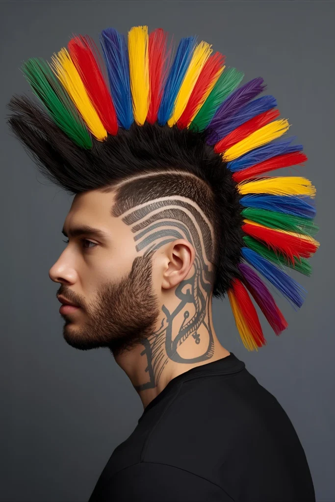 Rainbow Root Faux Hawk

The roots are kept dark, but the lengths of the hawk are sectioned into a full rainbow spectrum.