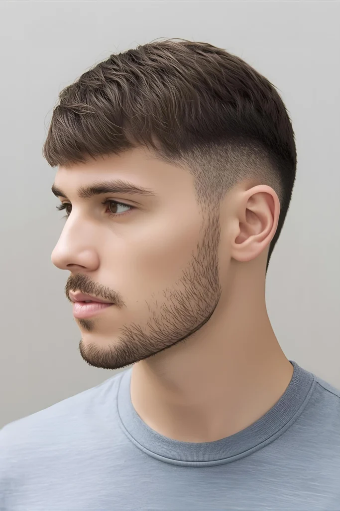 Runner’s Textured Fringe A textured fringe provides some forehead coverage without obstructing vision, while the mid fade keeps sides neat and comfortable under headbands.