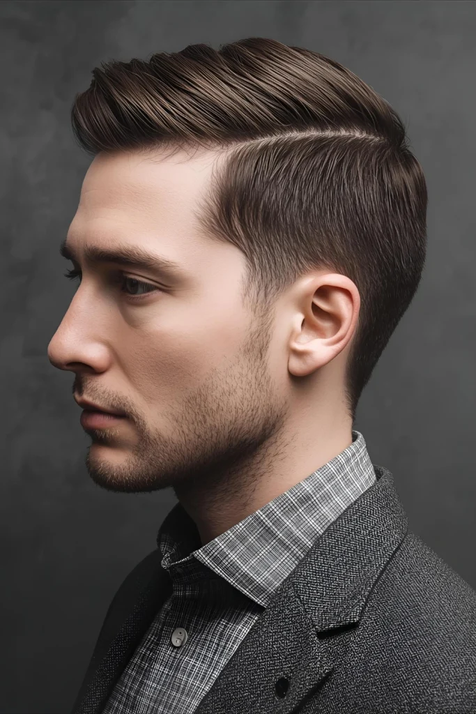 Side-Part Textured Crop Adds instant sophistication. A clean side part guides the textured hair, creating a look that’s intentional and polished for client meetings or office days.