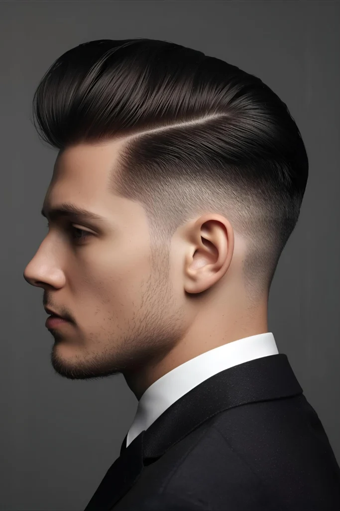 Slicked-Back Pompadour Drop Fade Retro glamour, modern execution. Dramatic volume swept up and back with high-shine pomade, grounded by a deep, dramatic drop fade.