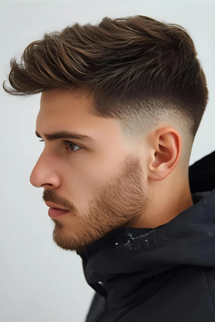 Snowboarder’s Cool Fade Edgy texture on top, maybe with longer pieces, contrasts with a crisp mid fade. Built for looking cool in the lodge and on the slopes.