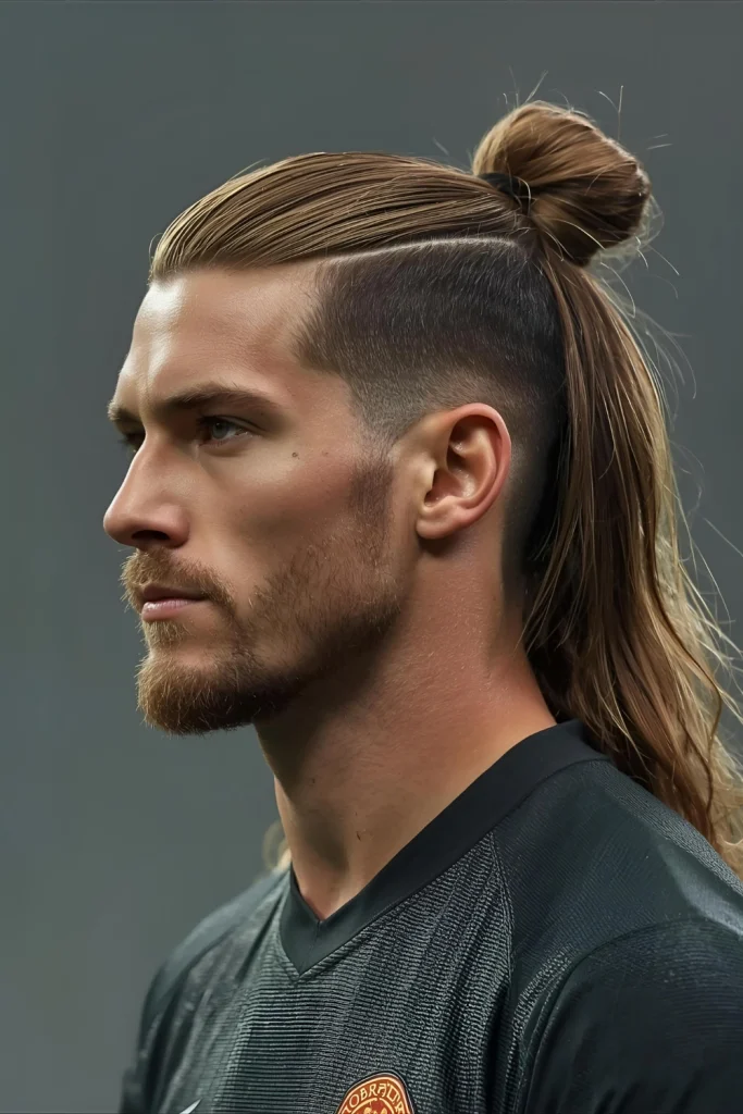 Soccer Player’s Long Top Fade For athletes with longer hair, the mid fade cleans up the sides and back while the top can be tied up for play.