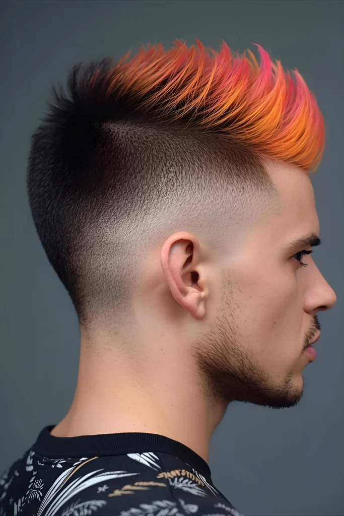 Sunset Ombré Faux Hawk Colors melt from a dark root through warm oranges, pinks, and yellows at the tips, mimicking a festival sunset.