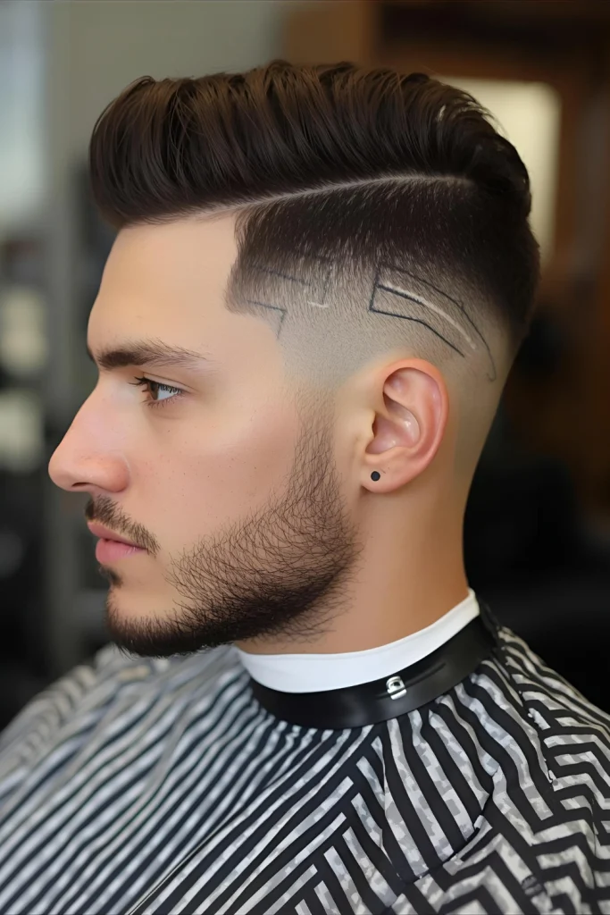 Taper Fade with Design Personalize your taper with subtle shaved designs—like geometric lines, dots, or patterns—etched into the faded section for a custom look.