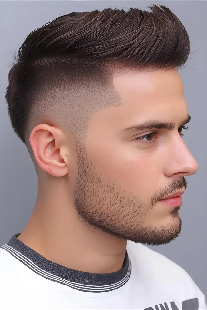 Temp Fade Faux Hawk The fade is focused intensely on the temple area, creating a sharp, eye-catching frame.