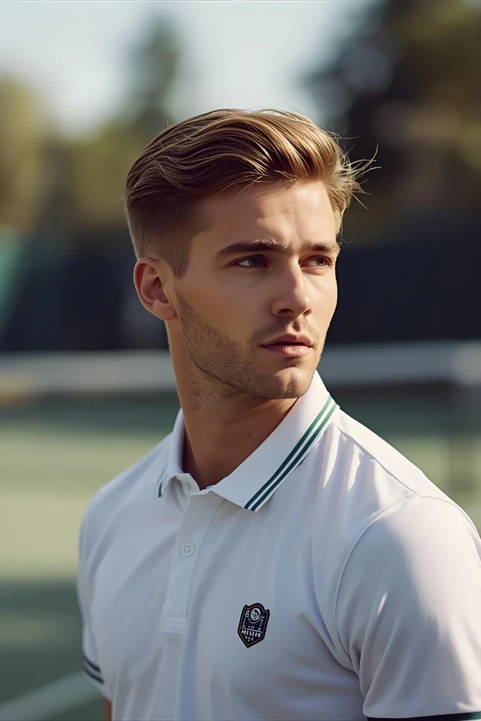 Tennis Court Classic Clean, preppy, and always appropriate. A neat side part on top meets a sharp mid fade for a look that’s as suitable for the clubhouse as the court.