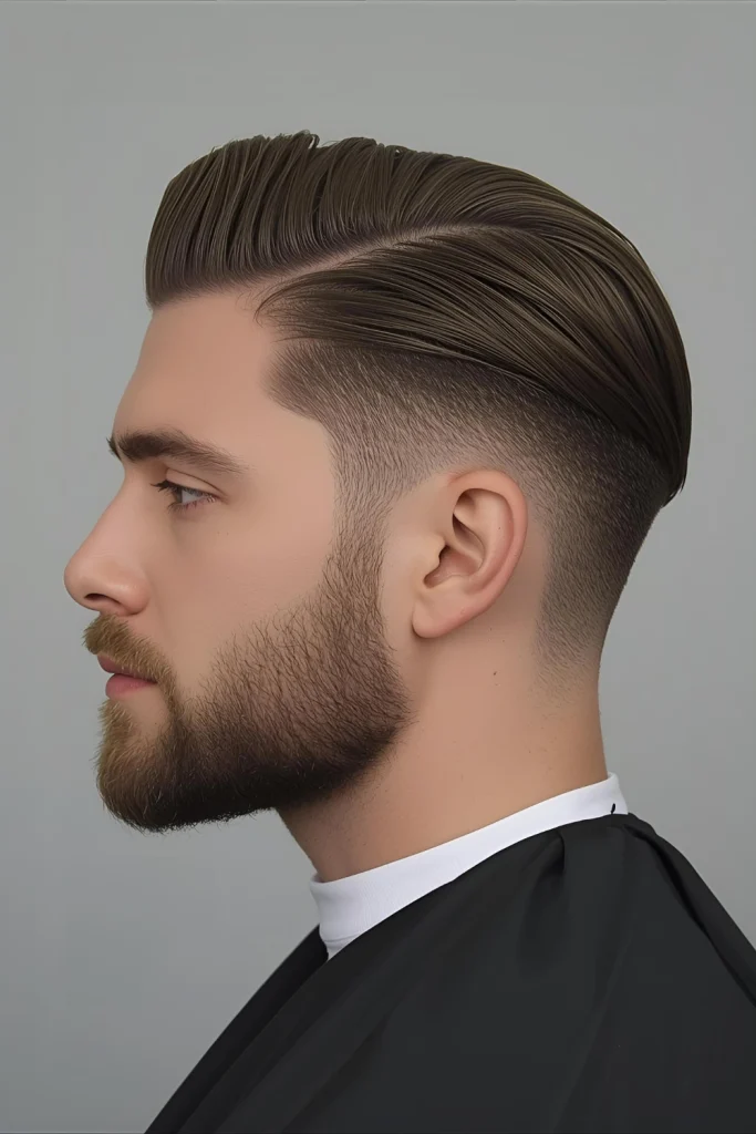 Textured Comb-Over Fade Hair is textured and swept neatly to one side over a clean fade. It’s a timeless, dapper look that works effortlessly from 9 to 5.