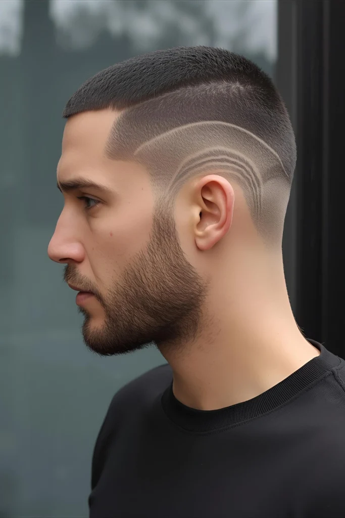 Textured Crop with Burst Fade The fade curves organically around the ear in a “burst” pattern, adding an artistic touch to the practical crop. Stands out in the best way.