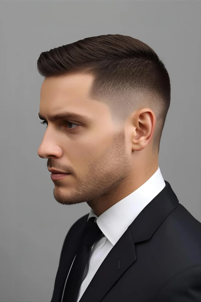 Textured Crop with Subtle Drop Modern groom style. A neat, textured crop on top is balanced by a softer drop fade. It's stylish, approachable, and looks great in wedding photos.