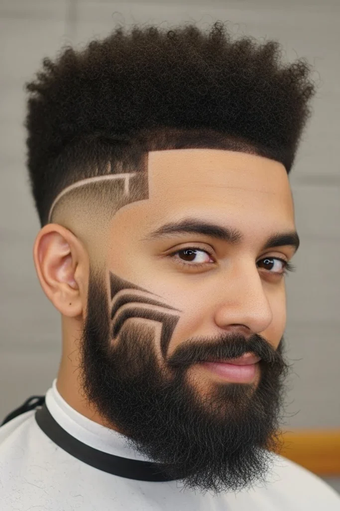 The Afro Taper Fade &amp; Beard with Design