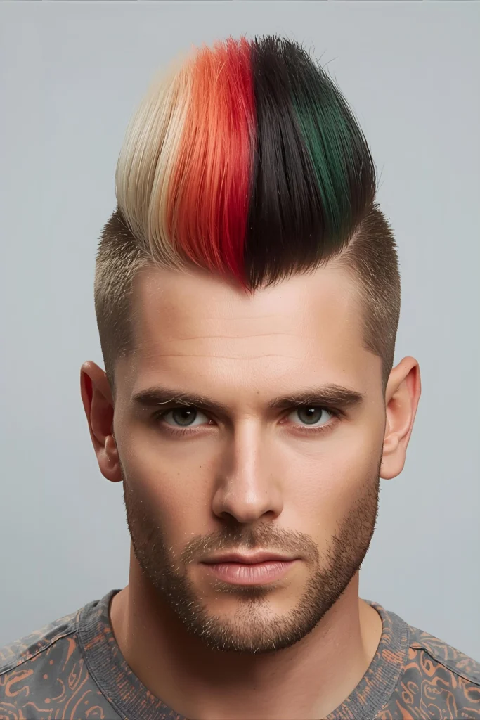 Two-Tone Split Faux Hawk One side of the ridge is one vibrant color, the other side is a contrasting hue, creating a dramatic split down the middle.